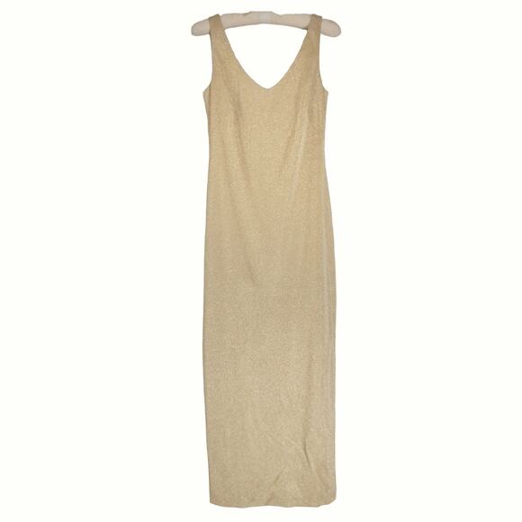LAUNDRY Metallic Maxi Dress Size 6 Gold Lame Stretch Knit Sexy Bodycon Side Slit - Picture 7 of 12